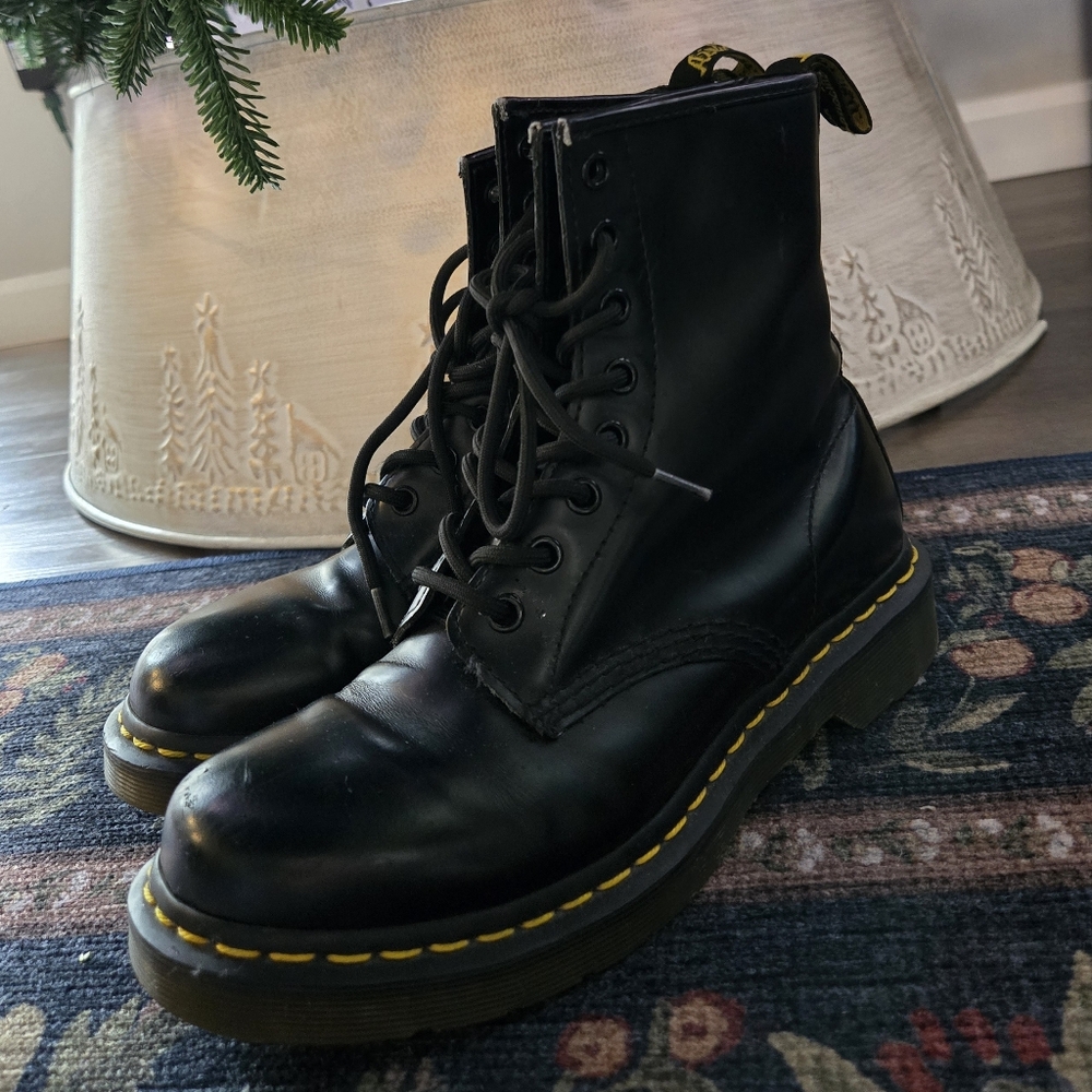 Dr. Martens Black Leather Boots with Yellow Stitching